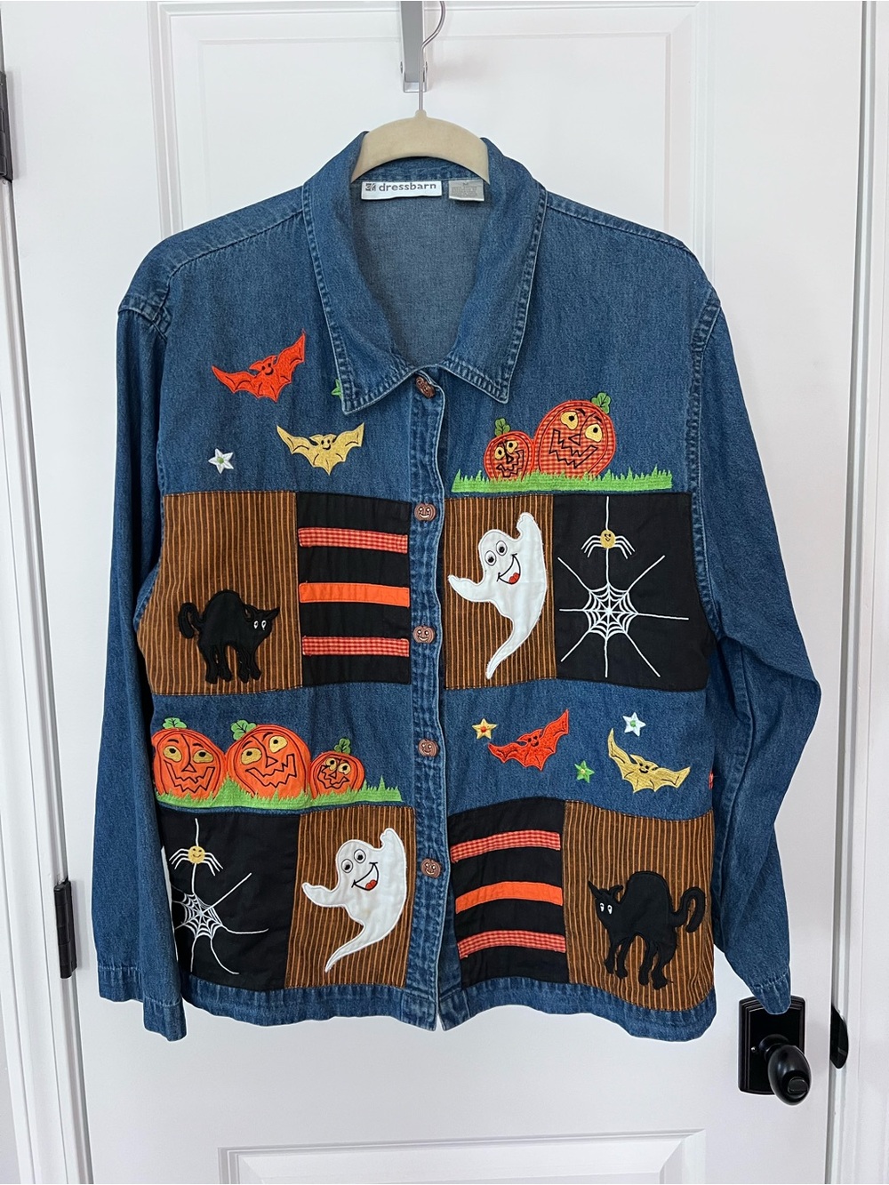 Halloween Denim Patchwork Button Up Shirt Vintage Dressbarn Size Medium